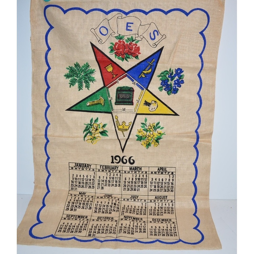 Vtg 1966 Order of the Eastern Star OES Year Calendar Linen Tea Towel Art